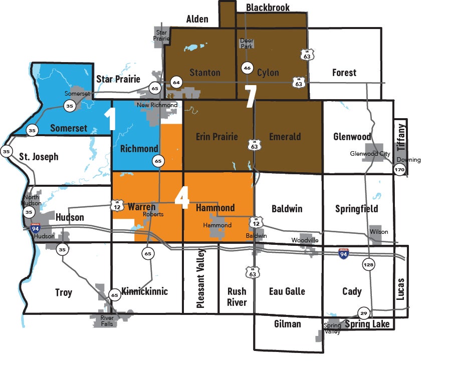 Districts 1, 4 and 7 map